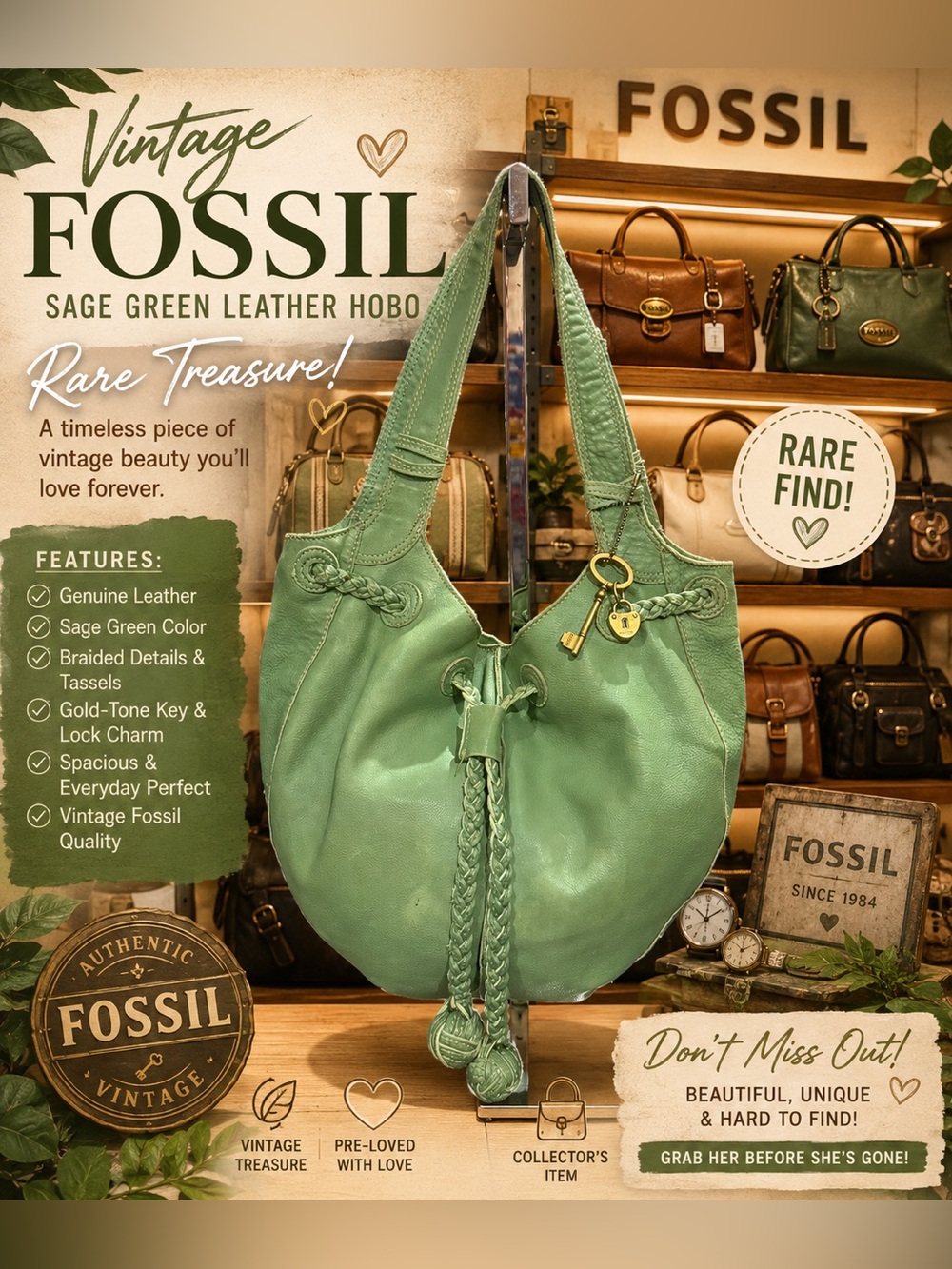 Fossil Rare in Sage Green Leather Braided Hobo Bag with Tassel Charm